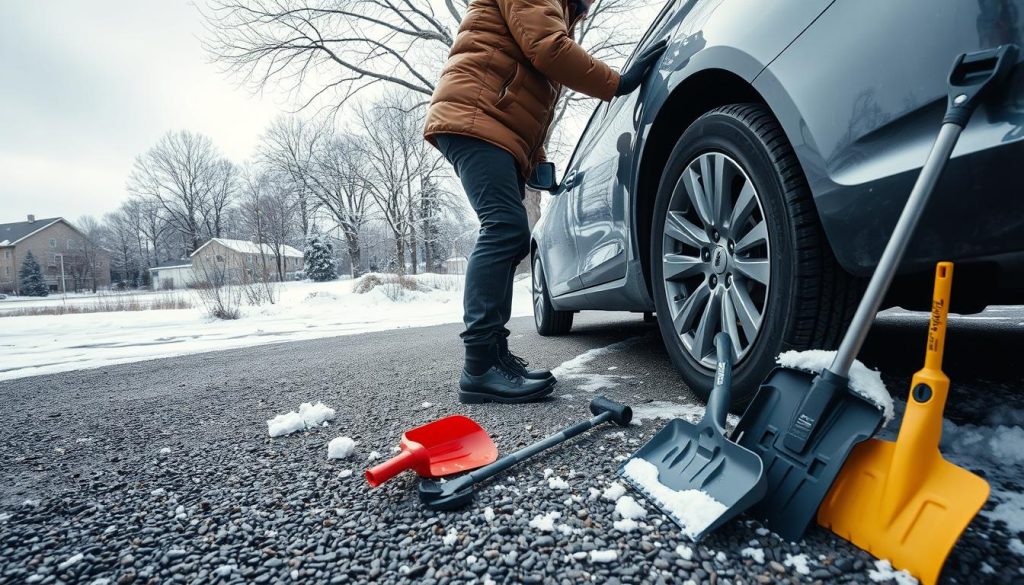 A detailed winter car preparation scene captured with a wide-angle lens in soft, diffused natural lighting. In the foreground, a person in a warm winter coat checks the tire pressure of a sedan parked on a gravel driveway. In the middle ground, snow shovels, ice scrapers, and other winter car maintenance tools are neatly arranged. The background shows a snowy, tree-lined landscape under an overcast sky, conveying a calm, serene atmosphere perfect for getting one's vehicle ready for the challenges of the cold season ahead. A detailed winter car preparation scene captured with a wide-angle lens in soft, diffused natural lighting. In the foreground, a person in a warm winter coat checks the tire pressure of a sedan parked on a gravel driveway. In the middle ground, snow shovels, ice scrapers, and other winter car maintenance tools are neatly arranged. The background shows a snowy, tree-lined landscape under an overcast sky, conveying a calm, serene atmosphere perfect for getting one's vehicle ready for the challenges of the cold season ahead.