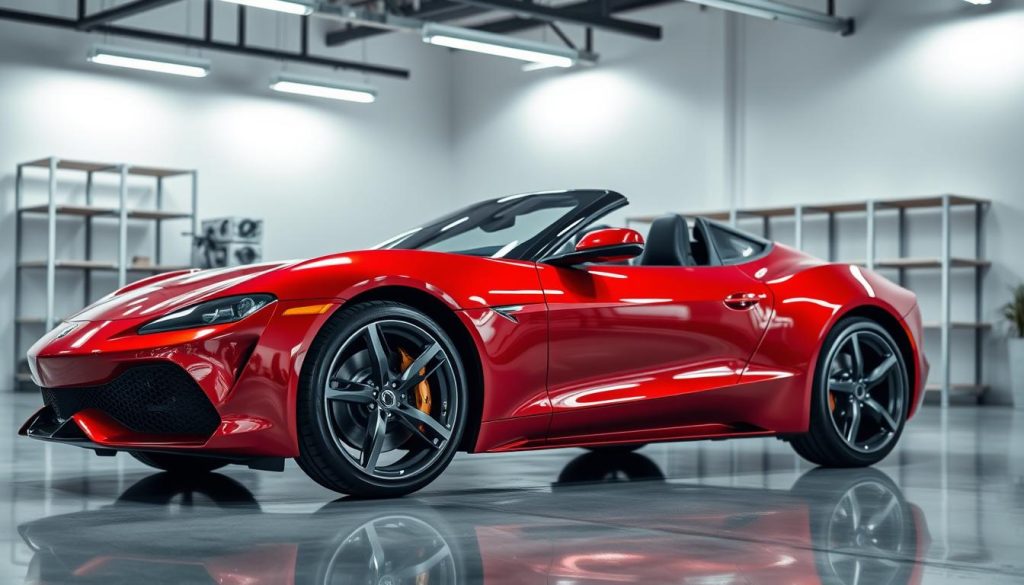 A pristine, metallic red sports car with a freshly polished, glossy finish that reflects its surroundings in brilliant detail. The car is parked in a well-lit, modern garage with clean, polished concrete floors and sleek, minimalist shelving units in the background. Soft, diffused lighting from overhead fixtures illuminates the car's elegant curves, highlighting the intricate detailing of the paint job. The camera angle is slightly elevated, capturing the car's dynamic profile and emphasizing the care and attention paid to its protective coating. The overall atmosphere conveys a sense of pride, craftsmanship, and the importance of proper automotive paint maintenance.