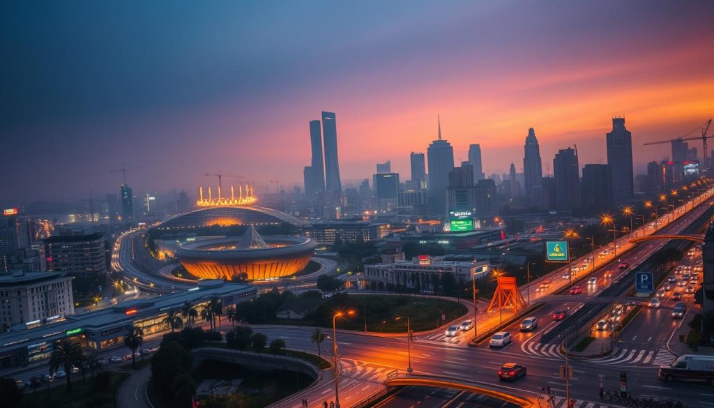 A sprawling cityscape at dusk, illuminated by the warm glow of streetlights and headlights. In the foreground, a busy intersection with cars, buses, and pedestrians navigating the newly implemented traffic changes. Towering skyscrapers and infrastructure projects loom in the middle ground, hinting at the evolving urban landscape. The background is shrouded in a soft, atmospheric haze, conveying a sense of anticipation and change. The scene is captured through a wide-angle lens, emphasizing the scale and complexity of the new traffic regulations being introduced. The overall mood is one of progress and adaptation, as the city adapts to the shifting dynamics of modern transportation. A sprawling cityscape at dusk, illuminated by the warm glow of streetlights and headlights. In the foreground, a busy intersection with cars, buses, and pedestrians navigating the newly implemented traffic changes. Towering skyscrapers and infrastructure projects loom in the middle ground, hinting at the evolving urban landscape. The background is shrouded in a soft, atmospheric haze, conveying a sense of anticipation and change. The scene is captured through a wide-angle lens, emphasizing the scale and complexity of the new traffic regulations being introduced. The overall mood is one of progress and adaptation, as the city adapts to the shifting dynamics of modern transportation.