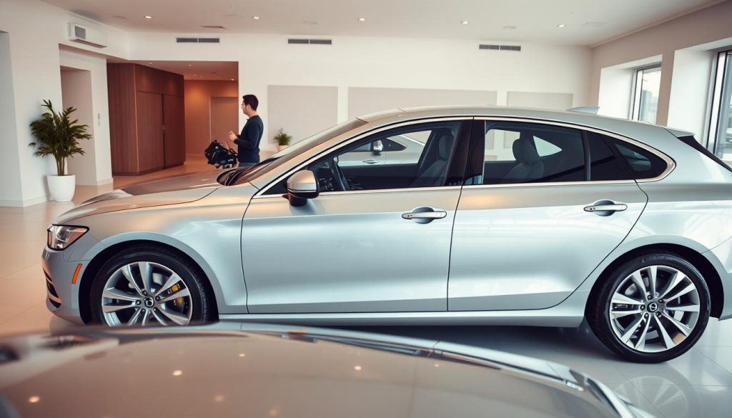 A used car analysis in a well-lit showroom, captured with a wide-angle lens. The car is positioned in the foreground, its sleek lines and metallic finish gleaming under the soft, diffused lighting. In the middle ground, potential buyers inspect the interior, studying the upholstery and dashboard. The background reveals a spacious, modern setting with minimalist decor, conveying a sense of professionalism and expertise. The overall atmosphere is one of careful consideration, as the buyer contemplates the purchase of a pre-owned vehicle.
