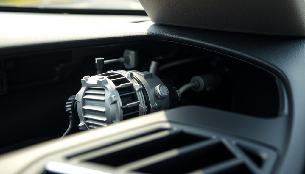 A well-maintained car air conditioning system, its interior components clearly visible, with intricate details of the compressor, refrigerant lines, and vents in the foreground. The middle ground showcases the overall integration of the system within the vehicle's dashboard, while the background subtly suggests the importance of climate control for comfortable driving. The lighting is soft and natural, highlighting the sleek, modern design of the system. The overall mood conveys the importance of proactive maintenance for optimal performance and a pleasant in-car experience during the warm summer months.