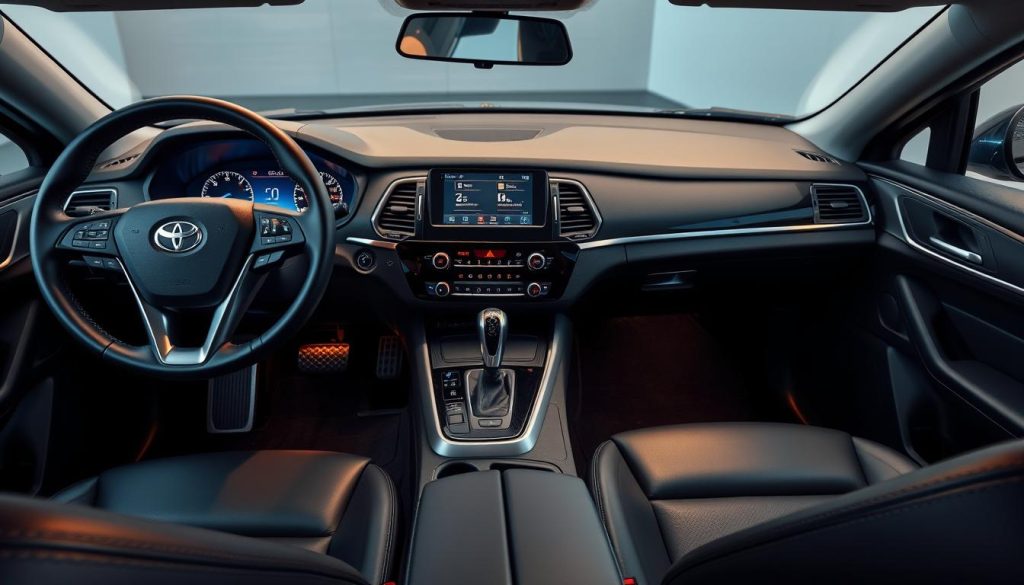 A well-organized car interior with various essential accessories neatly arranged. The dashboard features a sleek design with a large central screen, climate controls, and a sophisticated infotainment system. The steering wheel has integrated controls for audio and driver assistance features. In the center console, there is a gear shift, cup holders, and storage compartments. The seats are upholstered in high-quality leather, providing both comfort and style. The cabin is illuminated by subtle ambient lighting, creating a warm and inviting atmosphere. The overall impression is of a modern, technologically-advanced vehicle with a focus on functionality and attention to detail.