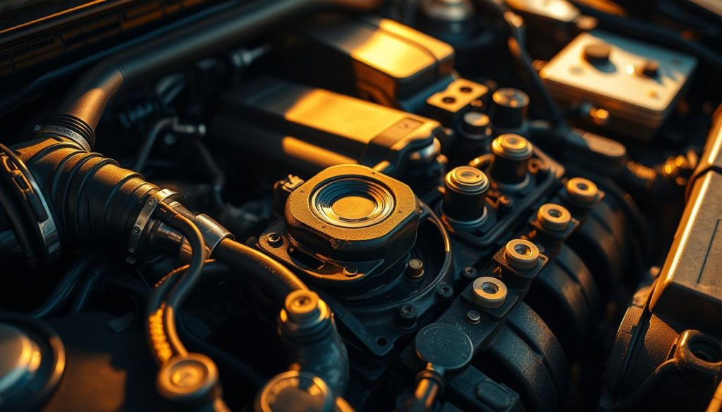 An up-close, detailed examination of a problematic car engine, illuminated by warm, directional lighting that casts dramatic shadows. The engine components are intricately depicted, highlighting areas of potential failure or wear, such as a damaged fuel line, leaking seals, or carbon buildup on the valves. The composition emphasizes the complexity and interconnectedness of the engine's systems, conveying the challenges faced in identifying and resolving mechanical issues. The overall mood is one of technical curiosity and the need for diligent problem-solving.