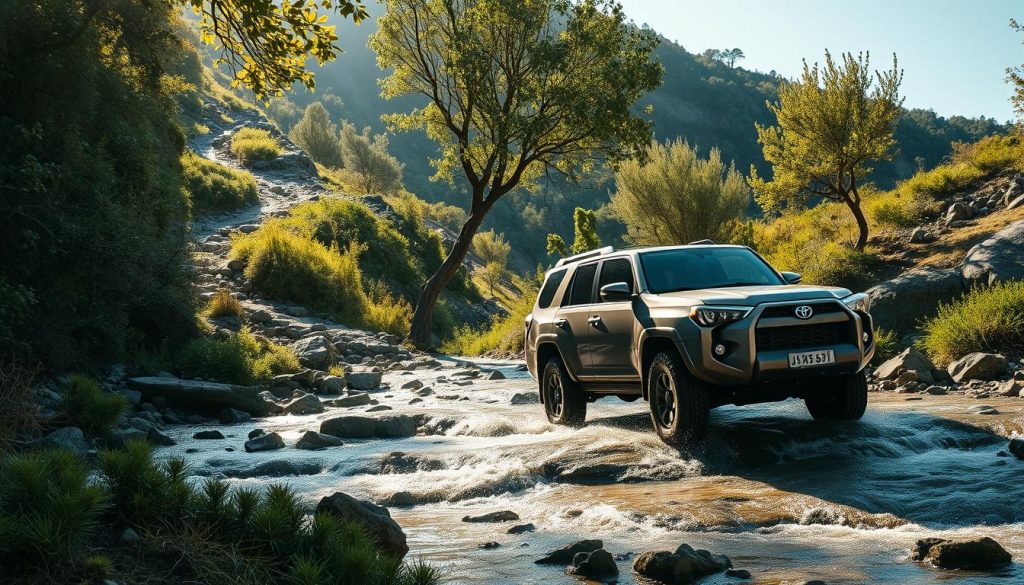 SUV traversing diverse terrain - a rugged off-road vehicle navigating winding mountain paths, traversing rocky terrain, and gliding through shallow streams. Sunlight filters through lush foliage, casting dappled shadows on the sleek, angular body. The SUV's powerful stance and high ground clearance suggest both utility and capability, ready to tackle whatever challenges the great outdoors presents. A sense of adventure and exploration permeates the scene, hinting at the versatility and appeal of the SUV as a vehicle for modern lifestyles.