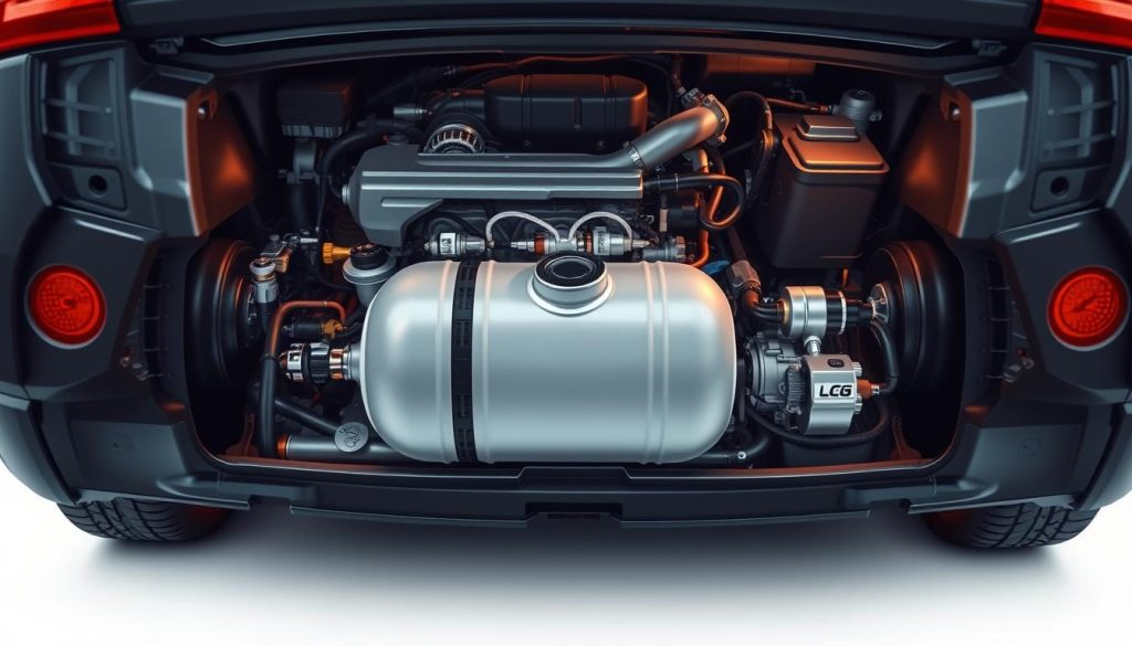 A detailed cross-section view of a modern liquefied petroleum gas (LPG) automotive installation, showcasing the various components and their arrangement within the vehicle. The foreground prominently displays the LPG tank, carefully integrated into the car's underbody, surrounded by the fuel lines, pressure regulators, and other ancillary equipment. The middle ground reveals the placement of the LPG injectors, strategically positioned near the engine intake manifold, while the background depicts the engine bay and surrounding vehicle structure, bathed in warm, diffused lighting to convey a sense of technical sophistication. The overall scene should embody a balance of precision engineering and functional aesthetics, catering to the informative nature of the "Wprowadzenie do instalacji LPG" section.