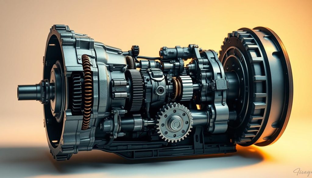 A detailed cross-section view of the internal components of an automatic transmission, showcasing the key gear elements. The foreground depicts the transmission case, housing the intricate gearbox mechanism, with sharp focus on the various cogs, shafts, and synchronizers. The middle ground highlights the clutch and torque converter assembly, while the background provides a clean, neutral environment to accentuate the precision engineering. Warm studio lighting casts subtle shadows, emphasizing the depth and complexity of the assembly. The overall mood is one of technical sophistication and mechanical elegance, befitting the subject matter.