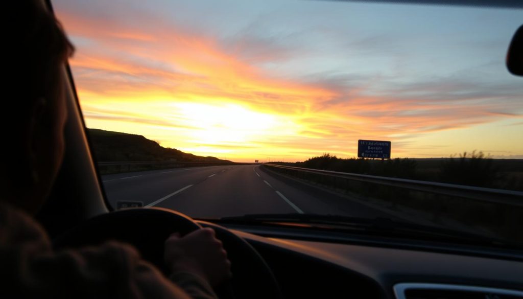 A serene European highway at dusk, a car navigating the winding road as the sun dips below the horizon. The windshield reflects the vibrant hues of the sky, casting an amber glow across the vehicle's exterior. In the distance, a signpost indicates the border crossing, a subtle reminder of the journey across international boundaries. The car's occupants, focused yet relaxed, embody the experience of driving abroad, mindful of the unique insurance needs that come with venturing beyond one's home country.