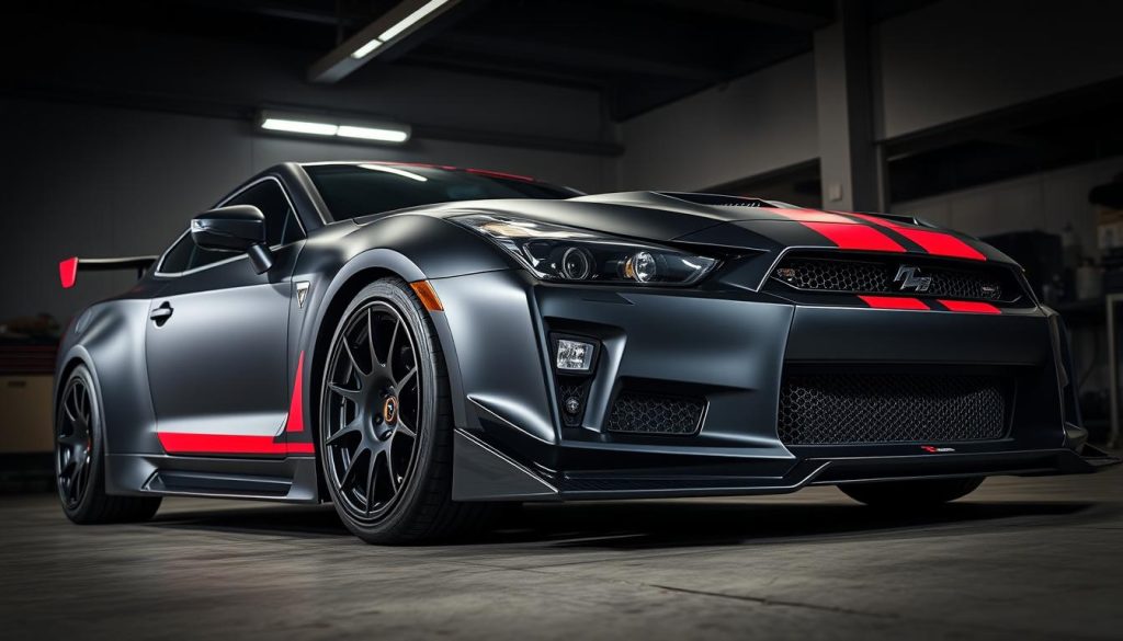 A sports car with a custom matte black paint job, adorned with bold red racing stripes along the sides. The front sports a distinct, angular grille and aerodynamic bumper with air vents. Sleek, low-profile wheels with red accents complete the aggressive, tuned appearance. The vehicle is photographed from a low angle, accentuating its powerful stance, against a backdrop of a dimly lit garage with subtle highlights illuminating the car's details. An atmosphere of focus and anticipation pervades the scene, hinting at the potential for further visual modifications. A sports car with a custom matte black paint job, adorned with bold red racing stripes along the sides. The front sports a distinct, angular grille and aerodynamic bumper with air vents. Sleek, low-profile wheels with red accents complete the aggressive, tuned appearance. The vehicle is photographed from a low angle, accentuating its powerful stance, against a backdrop of a dimly lit garage with subtle highlights illuminating the car's details. An atmosphere of focus and anticipation pervades the scene, hinting at the potential for further visual modifications.